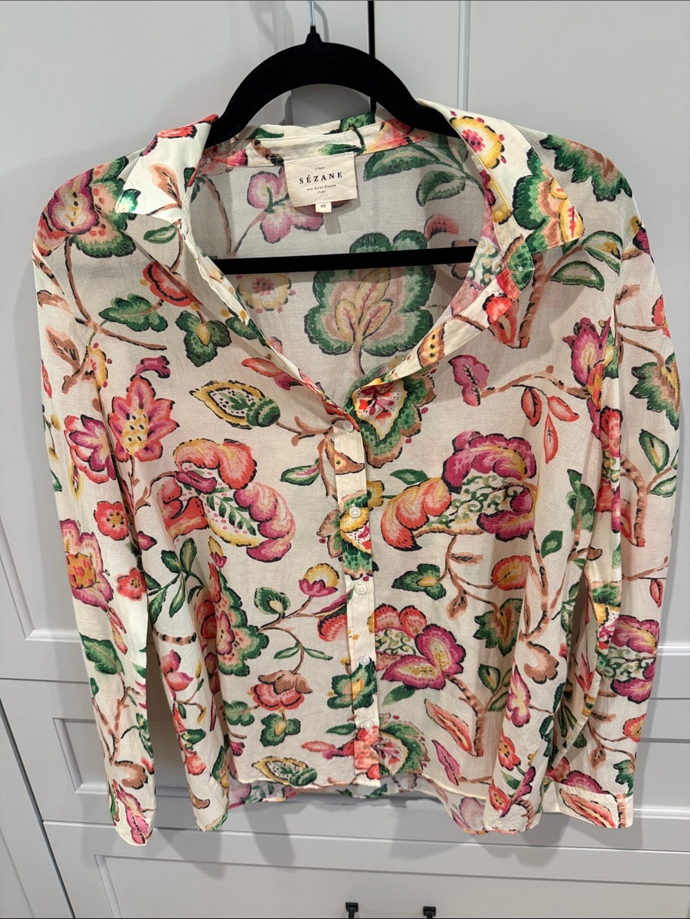 Sezane Cream Blouse with Pink & Green Floral Print